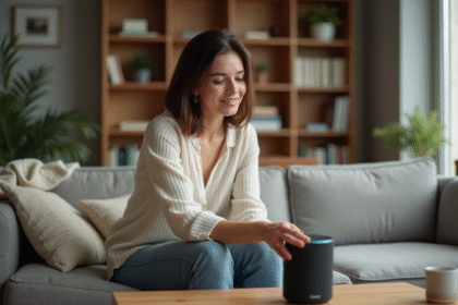 Femme curieuse utilisant un assistant vocal dans un salon moderne
