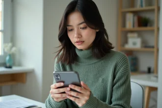 Femme tenant un iPhone 16 et consultant ses paramètres de confidentialité dans un bureau minimaliste à domicile