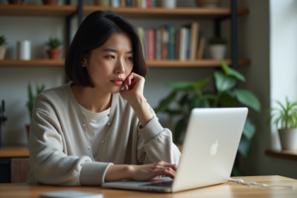 Femme lisant des flux RSS sur un ordinateur dans une cuisine moderne