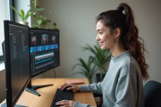 Jeune femme utilisant un logiciel de sous-titrage vidéo sur ordinateur de bureau à domicile