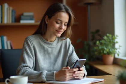 Femme programmant un message WhatsApp sur son smartphone depuis son bureau à domicile
