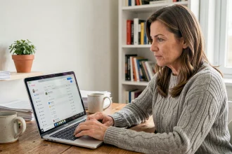 Femme consultant sa messagerie Wibox sur un ordinateur portable dans un bureau à domicile organisé