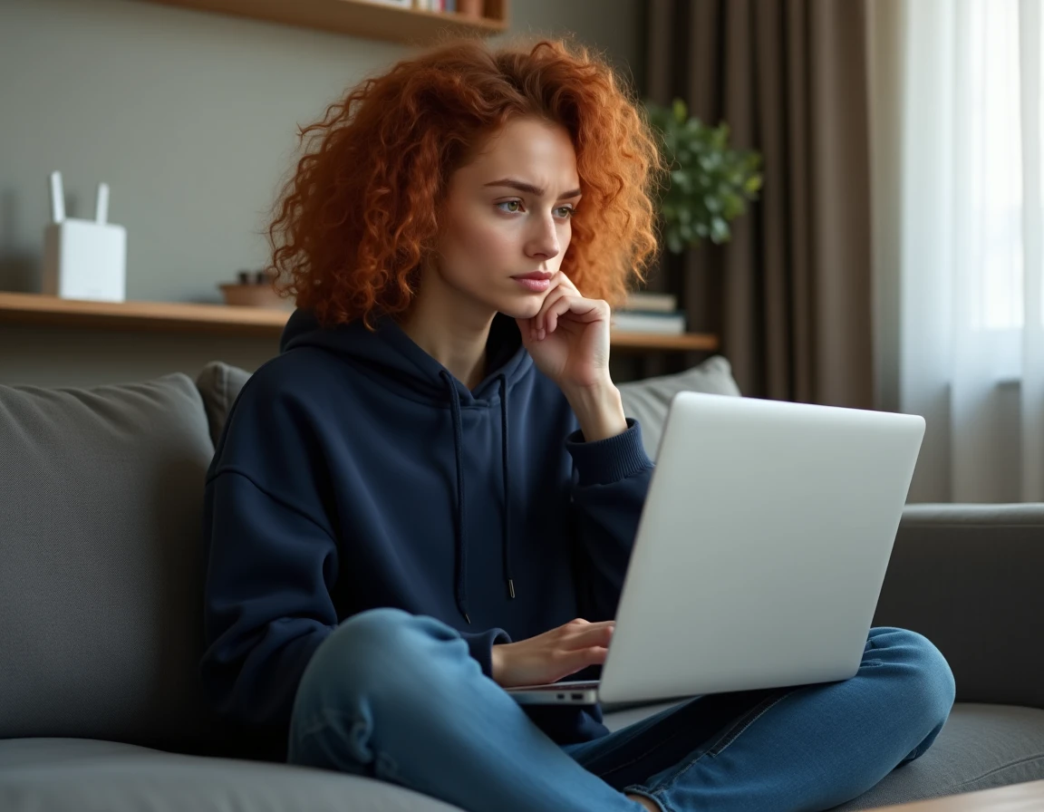 Femme impatiente sur son canapé avec un navigateur gelé malgré une connexion DNS résolue, routeur Wi-Fi visible en arrière-plan