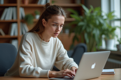 Jeune femme au bureau face à un écran 404 erreur