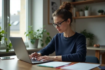 Femme organisée devant son ordinateur dans un intérieur lumineux