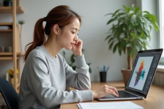 Femme utilisant Paint pour Mac sur un MacBook Pro dans un bureau à domicile organisé
