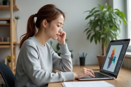 Femme utilisant Paint pour Mac sur un MacBook Pro dans un bureau à domicile organisé