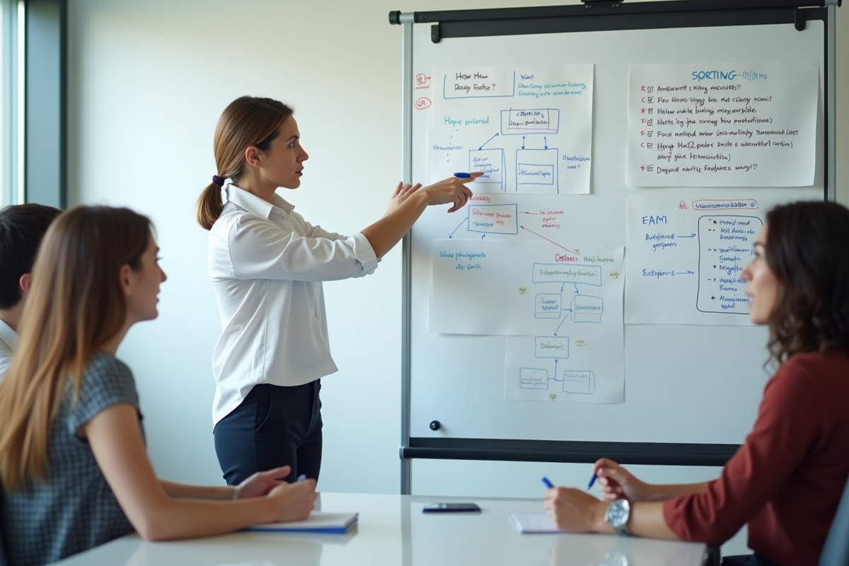 Femme en réunion explique des diagrammes sur tableau blanc