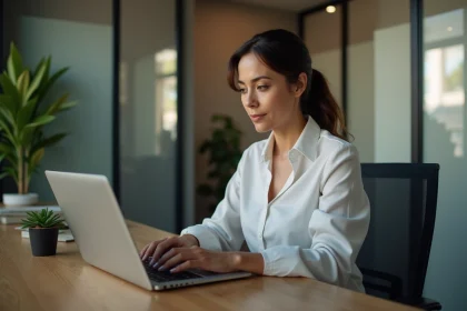 Femme professionnelle utilisant un ordinateur dans un bureau moderne