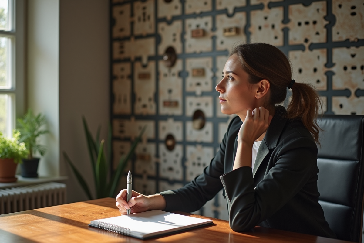 Femme pensante assise face à un mur de puzzles complexe