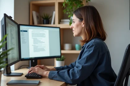 Femme ajustant les paramètres d'affichage d'un grand écran PC dans un bureau à domicile moderne