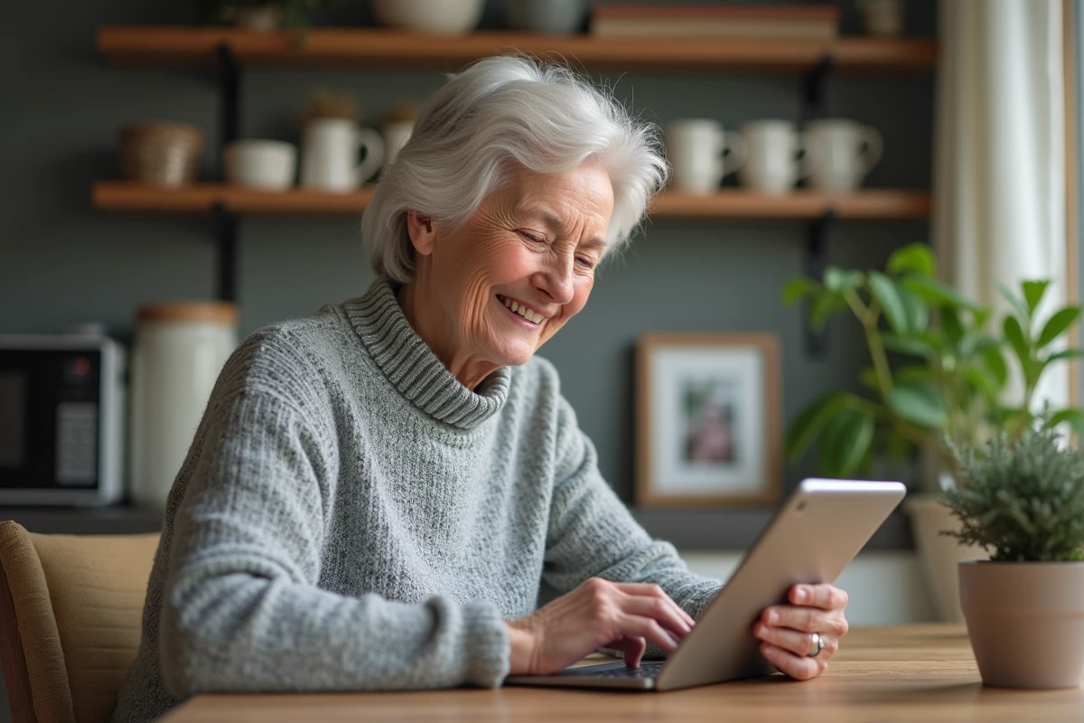 Femme retraitée souriante utilisant sa tablette à la maison
