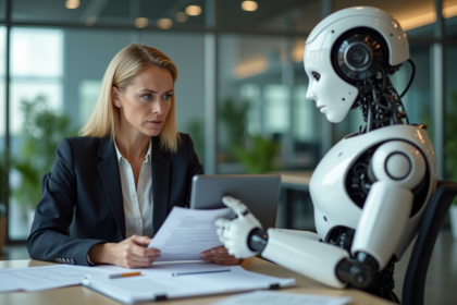 Femme d affaires et robot dans un bureau moderne