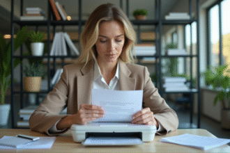 Femme en tenue casual scannant des documents au bureau