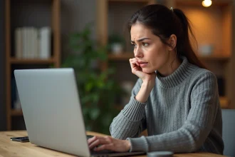 Femme sceptique analysant un site web douteux sur son ordinateur portable à domicile