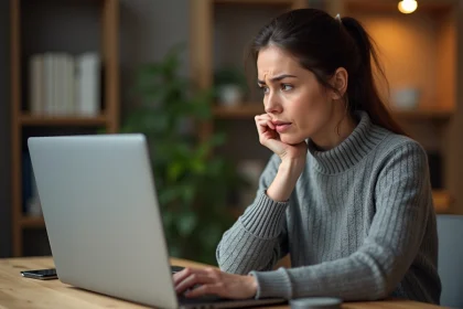 Femme sceptique analysant un site web douteux sur son ordinateur portable à domicile