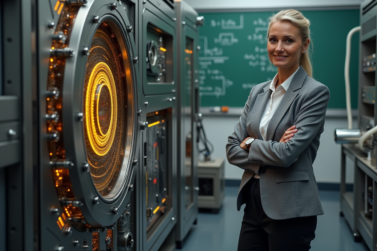 Femme scientifique à côté d’un processeur quantique dans un laboratoire