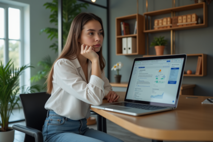 Jeune femme analysant des données SEO sur son ordinateur