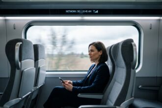 Femme professionnelle utilisant son smartphone en 5G dans un train à grande vitesse moderne