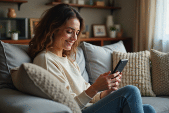 Femme détendue utilisant son smartphone dans un salon cosy