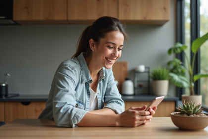 Femme souriante utilisant son smartphone dans une cuisine moderne