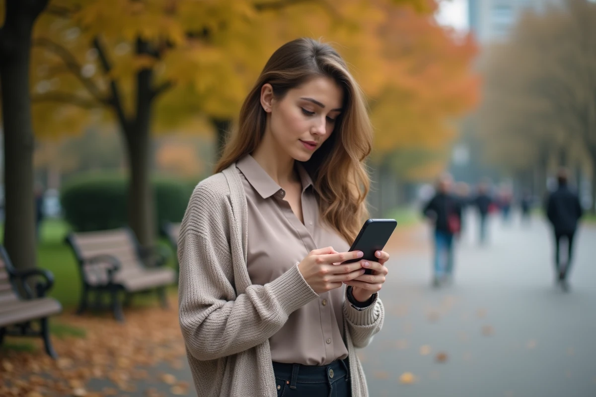 Femme regardant son smartphone dans un parc urbain