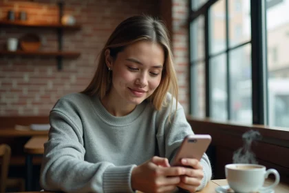 Jeune femme consultant son smartphone dans un café en cherchant à voir une story Instagram privée
