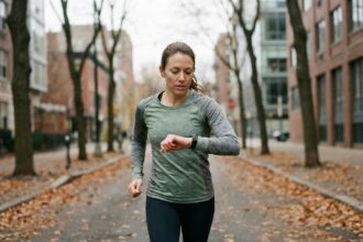 Femme en tenue de sport consultant sa montre connectée pendant une course en extérieur en automne
