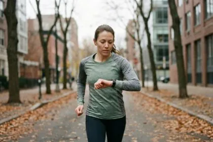 Femme en tenue de sport consultant sa montre connectée pendant une course en extérieur en automne