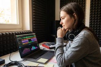 Jeune femme utilisant un logiciel d'intelligence artificielle pour composer de la musique dans un studio à domicile