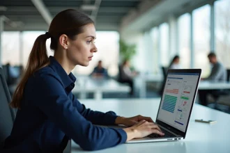 Femme concentrée supprimant des doublons dans un tableau Excel sur ordinateur portable au bureau