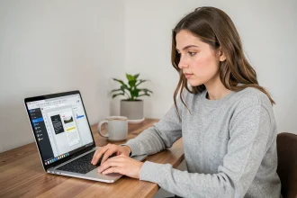 Jeune femme supprimant des pages d'un PDF sur son ordinateur portable dans un bureau à domicile