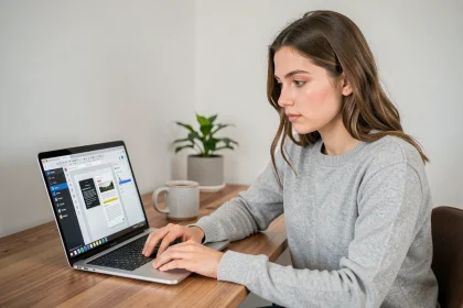 Jeune femme supprimant des pages d'un PDF sur son ordinateur portable dans un bureau à domicile