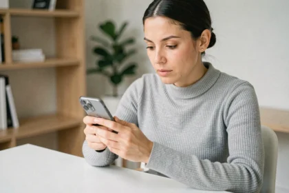 Femme analysant un iPhone 15 à son bureau minimaliste, test comparatif smartphone 2026