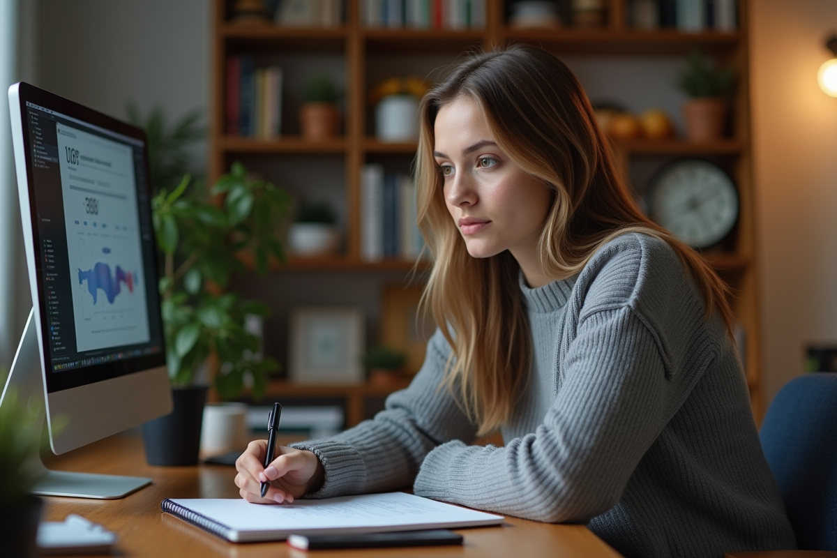 Jeune femme travaillant à son ordinateur dans un espace domestique