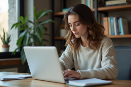 Jeune femme concentrée travaillant sur son ordinateur dans un bureau