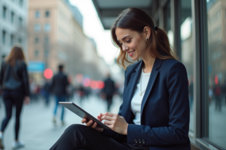 Jeune femme urbaine utilise une tablette et smartphone
