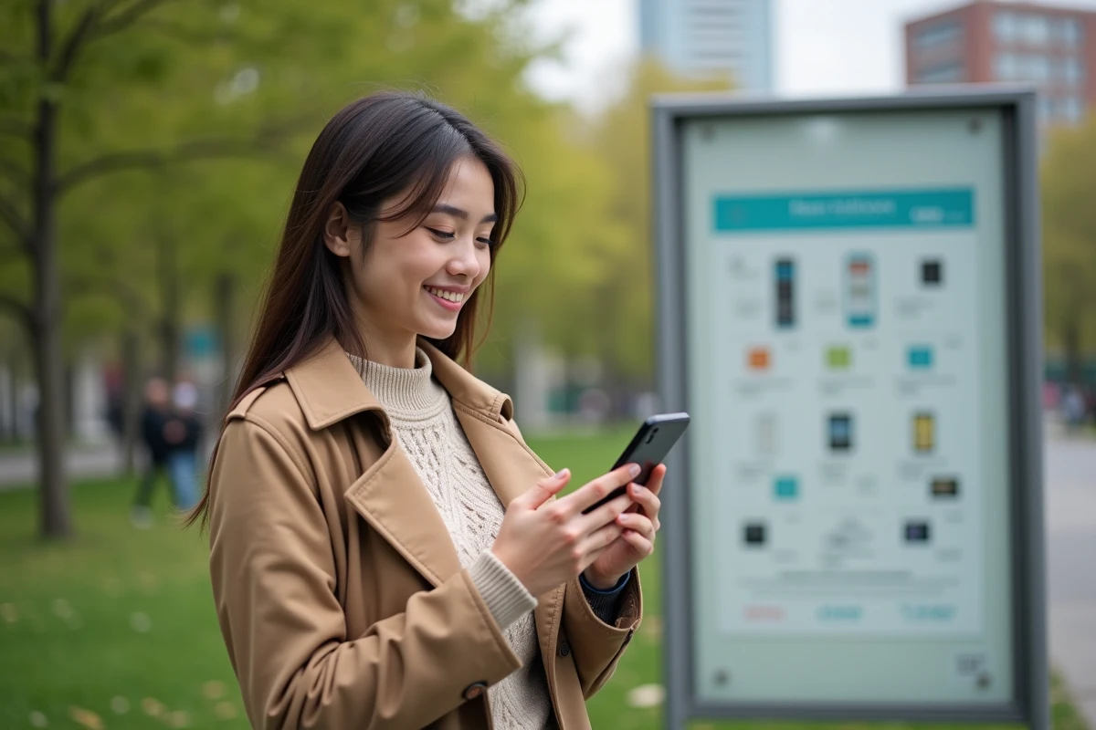 Jeune femme souriante dans un parc urbain avec smartphone et panneau d