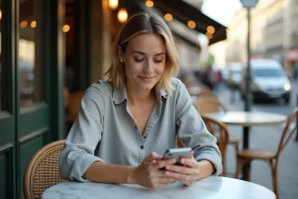 Femme utilisant une application web sur smartphone dans un café parisien en extérieur