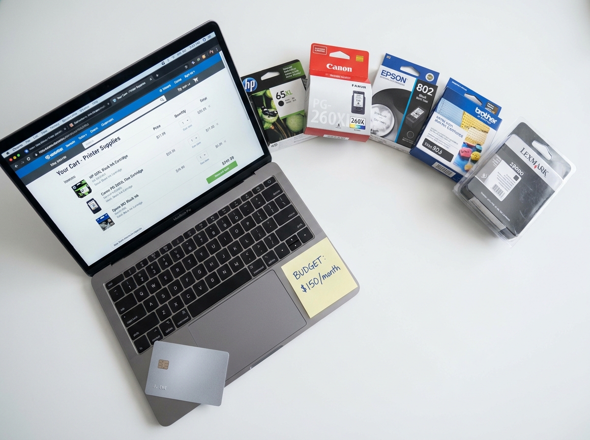 Vue du dessus d'un bureau avec cartouches d'encre, ordinateur portable et carte bancaire pour un achat en ligne de consommables