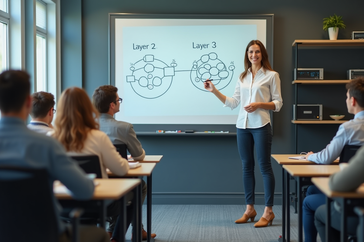 Femme formatrice réseau expliquant un schéma à des adultes en classe
