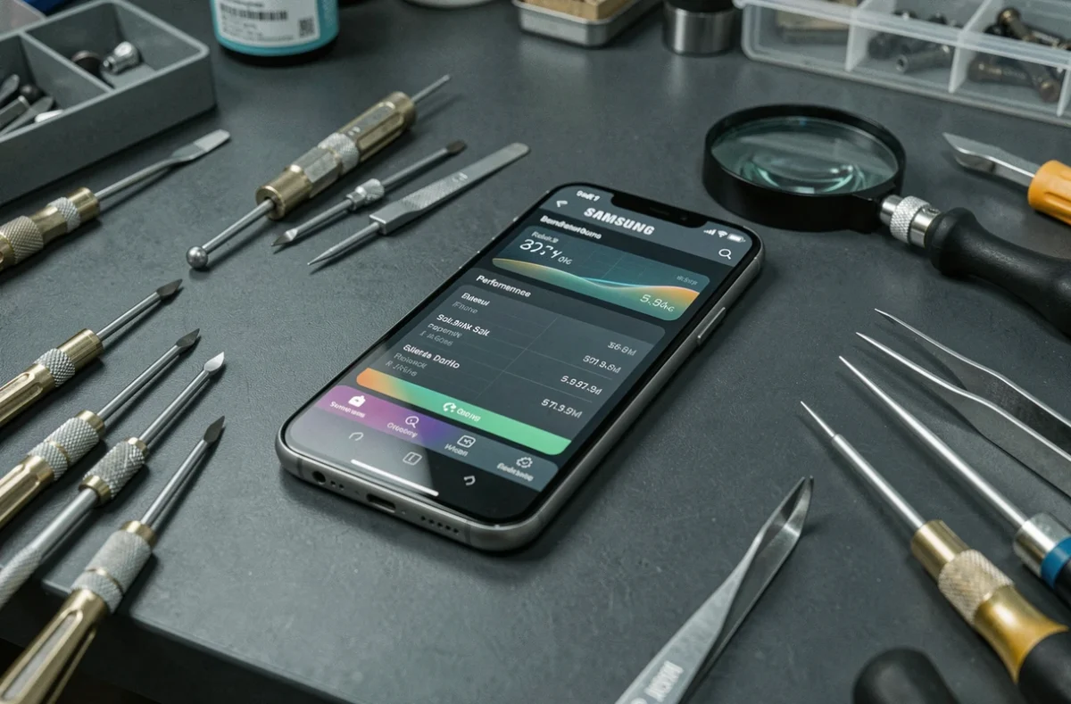 Samsung Galaxy S24 reconditionné sur un établi de réparation entouré d'outils de technicien et affichant un test de performance