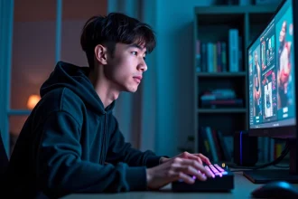 Jeune gamer concentré devant sa configuration PC gaming avec double écran dans une salle de jeu moderne en 2026