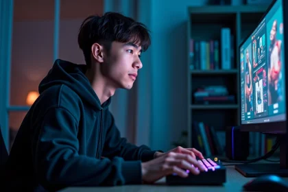 Jeune gamer concentré devant sa configuration PC gaming avec double écran dans une salle de jeu moderne en 2026
