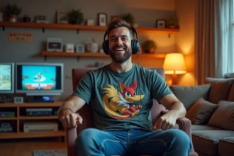 Gamer nostalgique en t-shirt star fox dans un salon vintage