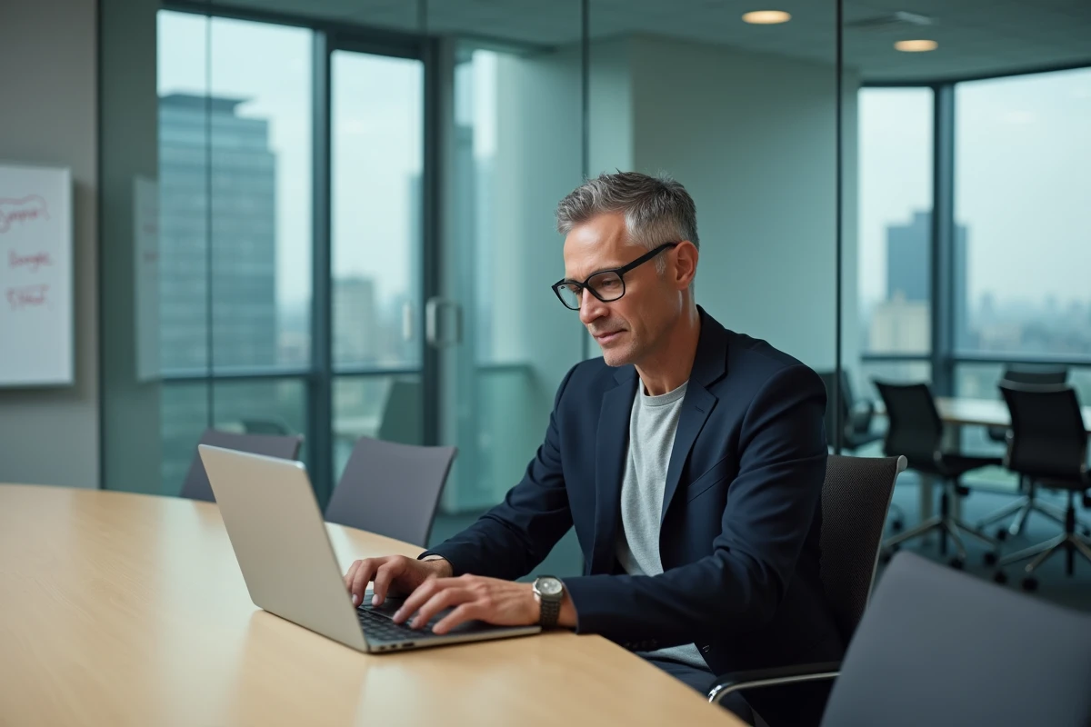 Cadre masculin consultant l'interface Mon Activité Google sur un ordinateur portable dans une salle de réunion vitrée