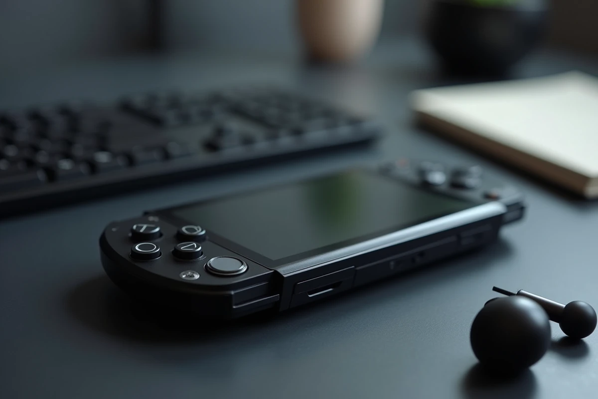 Gros plan de la console portable Sony PS5 posée sur un bureau avec accessoires, mettant en valeur le design et les fonctionnalités de la PlayStation Portable