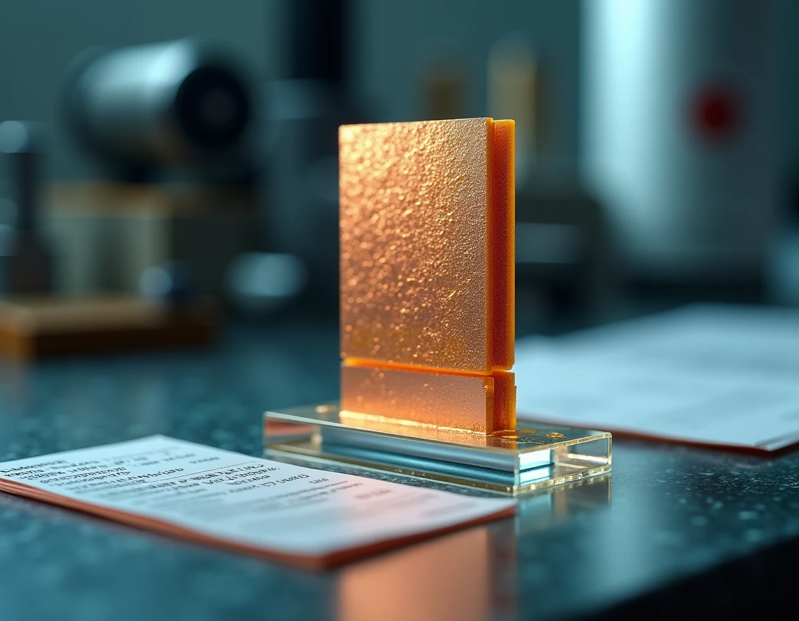 Gros plan macro d'une coupe transversale de circuit imprimé multicouche révélant les matériaux diélectriques et les couches de cuivre dans un laboratoire de caractérisation