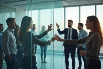 Groupe de personnes dans un bureau lumineux autour d'une barriere translucide