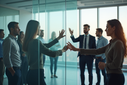 Groupe de personnes dans un bureau lumineux autour d'une barriere translucide